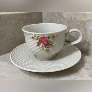 Teleflora White Cup and Saucer with Pink Floral Design and Woven Pattern 1985
